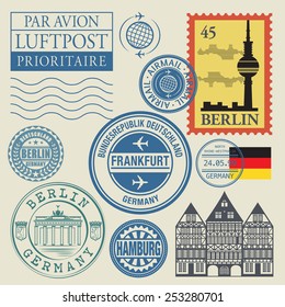 Travel stamps set, vector illustration. translation: airmail