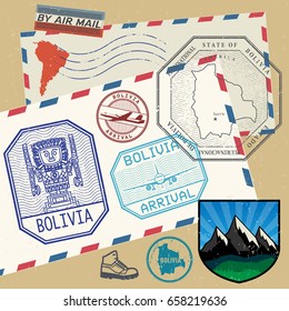 Travel Stamps Or Symbols Set Bolivia, South America Theme, Vector Illustration