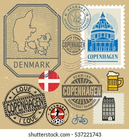 Travel stamps or symbols set, Denmark, Copenhagen theme, vector illustration.