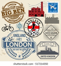 Travel stamps or symbols set, England and United Kingdom theme, vector illustration