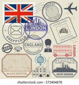 Travel stamps or symbols set England, London and United Kingdom cities theme, vector illustration.