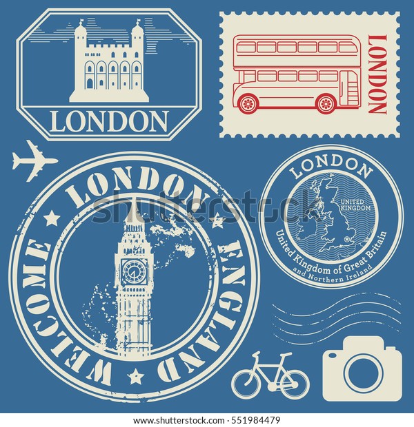 旅行スタンプやシンボルセット イギリスとロンドンのテーマ ベクターイラスト のベクター画像素材 ロイヤリティフリー