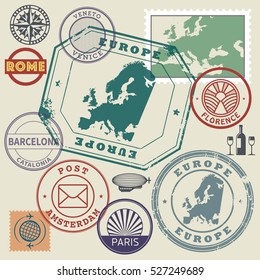 Travel stamps or symbols set, Europe destinations theme, vector illustration