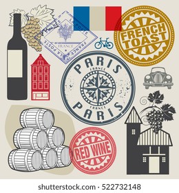 Travel stamps or symbols set, France theme, vector illustration