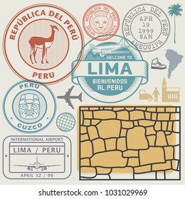 Travel stamps or symbols set Peru, South America theme, vector illustration