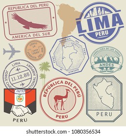 Travel stamps or symbols set Peru, South America theme, vector illustration