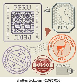 Travel Stamps Or Symbols Set Peru, South America Theme, Vector Illustration