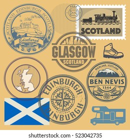 Travel stamps or symbols set, Scotland theme, vector illustration