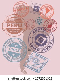 Travel stamps or symbols set - South America theme, vector illustration