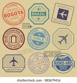 Travel stamps or symbols set South America airport theme, vector illustration