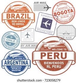 Travel stamps or symbols set South America airport theme, vector illustration