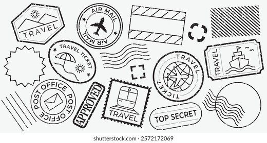 Travel stamps and tickets, featuring travel icons, post office marks, and travel-themed designs. Perfect for travel-themed projects and travel enthusiasts. Black travel stamps, vector set.