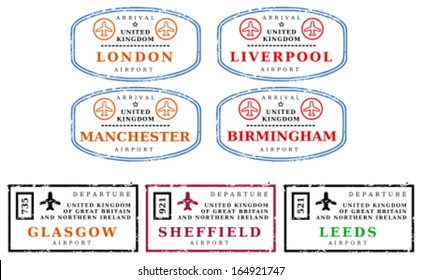 Travel stamps from United Kingdom (UK). Grungy scalable stamps (not real passport stamps). UK destinations: London, Liverpool, Manchester, Birmingham, Glasgow, Sheffield and Leeds.