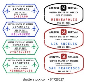 Travel stamps from USA. Grungy scalable stamps (not real). USA destinations: Chicago, Milwaukee, Cincinnati, Minneapolis, Los Angeles and San Francisco.