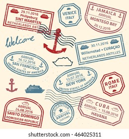 Travel stamps vector background - grunge fictitious passport visas for cruise ship destinations. svg