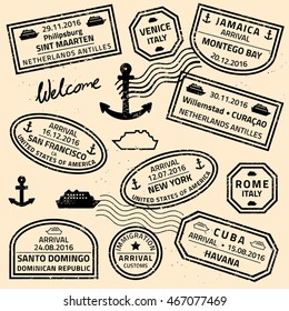 Travel stamps vector - grunge fictitious passport visas for cruise ship destinations. svg