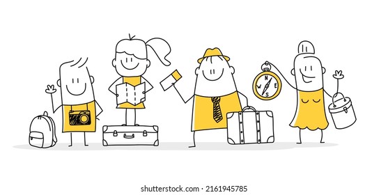 Travel stick figures with travel bag backpack and map, going on vacation trip. Doodle style. Vector illustration.
