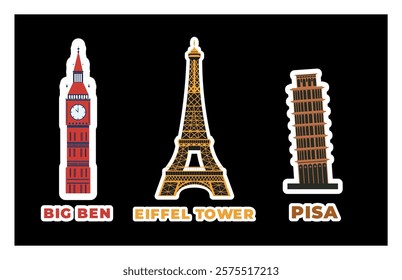 Travel sticker big Ben , eifell tower and Pisa 