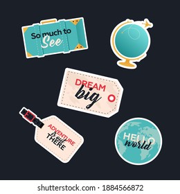 Travel Sticker Pack. Modern Flat Vector Concept Illustrations. Globe with Plane, Suitcase, Tags with Sign. Social Media Ads.