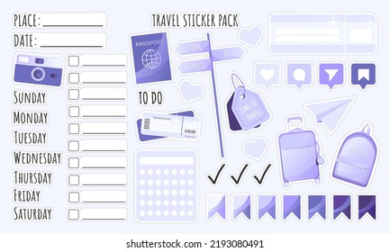 Travel sticker pack. Set of travel elements like a suitcase, camera or ticket in flat style. Date, place, to do, days of the week and calendar stickers for notebook, diary, organizer or planner