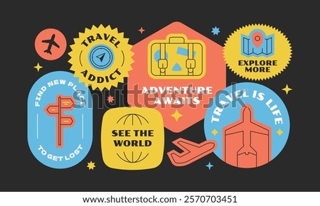 Travel sticker, patch, stamp, badge element collection. Set of vintage and cool travelling symbol.