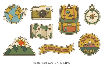 Travel sticker set: Backpack, vintage camera, globe, and compass badges