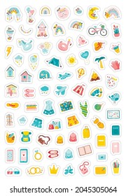 Travel Stickerpack. Collection Of Sticker Illustrations With Different Kind Of Vacation, Sea, Beach, Houses And Other Cute Elements. Vector Hand-drawn Doodle In Cartoon Style. Limited Palette.