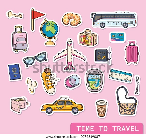 Travel stickers collection. Cartoon\
vector transport, baggage, and things for traveling girls.\
