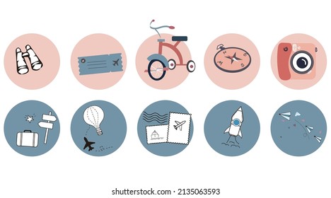 Travel stickers collection set, cartoon style flat design Premium Vector