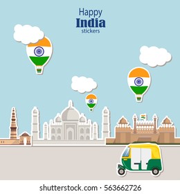 Travel Stickers of Happy India. Tuk tuk, Taj Mahal, Qutab Minar, Red Fort in Skyline