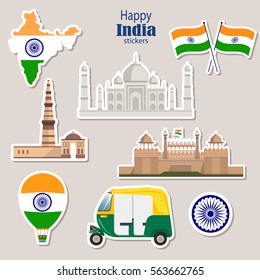 Travel Stickers of Happy India. Tuk tuk, Taj Mahal, Qutab Minar, Red Fort, Flags