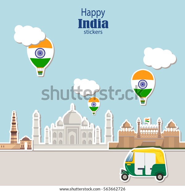 Travel Stickers of Happy India. Tuk tuk, Taj
Mahal, Qutab Minar, Red Fort in
Skyline
