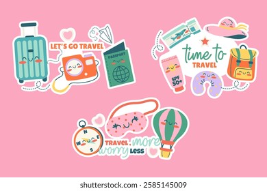 Travel stickers kawaii set of badge, label design with lettering