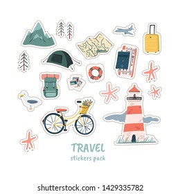 Travel stickers pack about mountain camping. Hiking and beach vacation. Cartoon doodles hand drawn illustrations. Stock vector