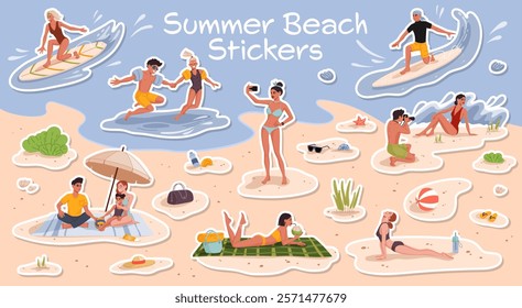 Travel stickers pack of people characters on summer beach vacation. Cartoon men, women, kids and families surfing, relaxing, taking photos, and enjoying summer activities, relaxation and coastal joy