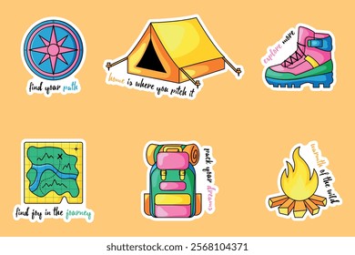 Travel Stickers Set With Backpack, Map, Compass, Tent, Boot, Campfire, Inspiring Inscriptions