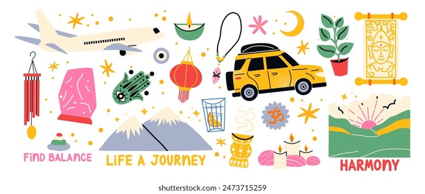 Travel stickers set. Cartoon patches retreat, yoga practice, relaxation, vacation. Illustrations of travel mountains, harmony, airplane, relaxation, recovery. Set of labels in retro doodle style 90s