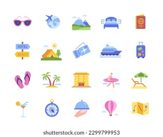 Travel stickers set. Colored elements for journey, tourism and vacation. Sea, airport, hotel concept. Passport, luggage and boat icons. Cartoon flat vector collection isolated on white background