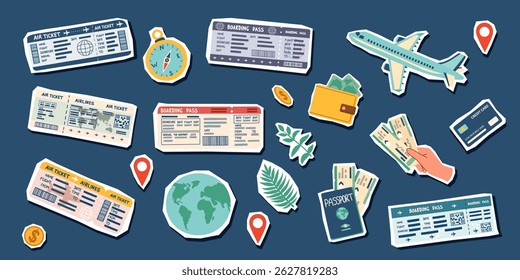 Travel stickers set. Travel concept. Collection of travel objects isolated on blue. Hand drawn flat illustration.