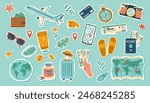 Travel stickers set. Travel concept. Set of travel objects isolated on blue. Hand drawn flat illustration.