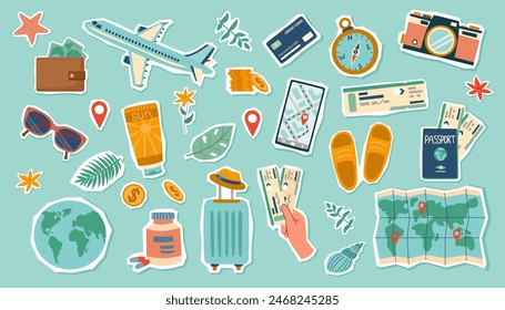 Travel stickers set. Travel concept. Set of travel objects isolated on blue. Hand drawn flat illustration.