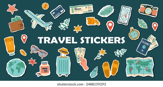 Travel stickers set. Travel concept. Set of travel objects isolated on blue. Hand drawn flat illustration.	