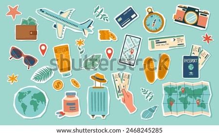 Travel stickers set. Travel concept. Set of travel objects isolated on blue. Hand drawn flat illustration.