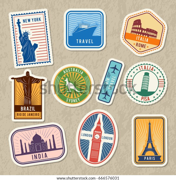 Travel stickers set with\
different worldwide architectural symbols. Vector labels with\
grunge texture