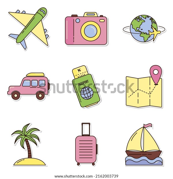 Travel stickers set isolated on a\
white background. Summer mood. Travel stickers\
collection.