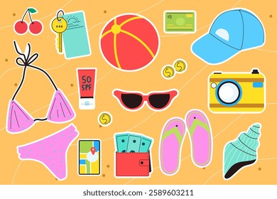 Travel stickers set on sand background. Vacation concept. Modern isolated vector illustration.