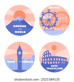 Travel stickers set. Silhouette of mountain, Ferris wheel, English Big Ben and Roman Coliseum. Adventure and trip. Holiday and vacation. Flat vector collection isolated on white background