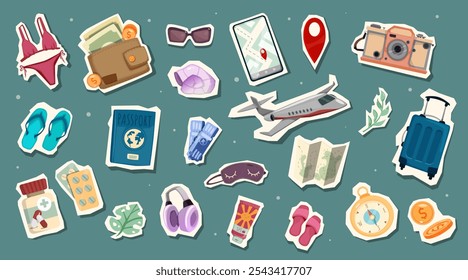 Travel stickers set. Travel-themed icons, including luggage, passport, map, camera, swimsuit, flip-flops, and more. Ideal for vacation, tourism, and adventure designs. Set of vector illustrations