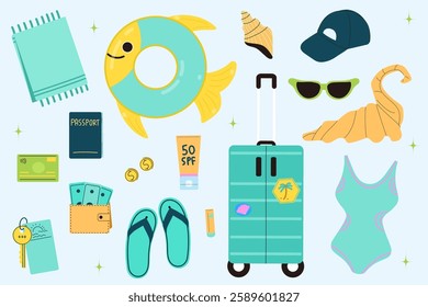 Travel stickers set. Vacation concept. Modern isolated vector illustration.