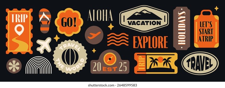 Travel stickers set. Vintage y2k patches or badges with airplane, mountains, beach palm trees and suitcase. Tourism, vacation and journey. Flat vector illustration collection isolated on background